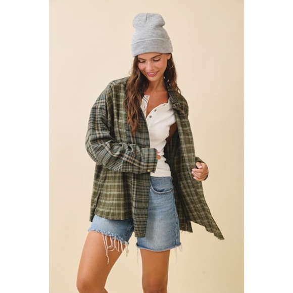 Olive Green Kambrie Button Down Plaid Patchwork Flannel Casual Shirt - Picture 6 of 9